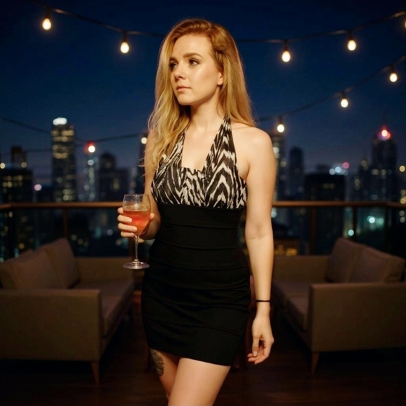 Sweet Storm ✦ Zebra Print Bodycon Dress ✦ Black Halter Drop Waist Mini Sz S NWOT - Picture 2 of 6